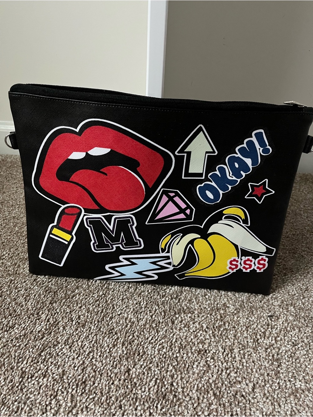 Black Pop-Art Graphic Clutch Wristlet with Bold Multicolor Motifs